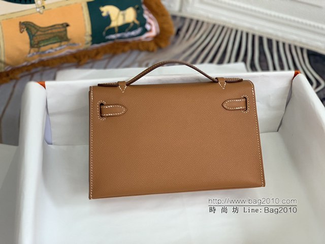 Hermes手提女包 愛馬仕kelly pochette一代 epsom皮 金棕色金扣  tdh2010